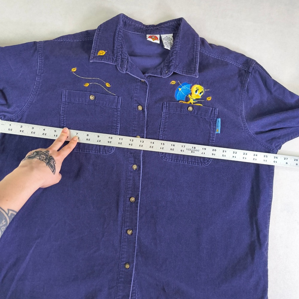 Vintage Style Tweety Bird Corduroy Shirt XL Purple Looney Tunes Button‎ Up - Picture 8 of 11